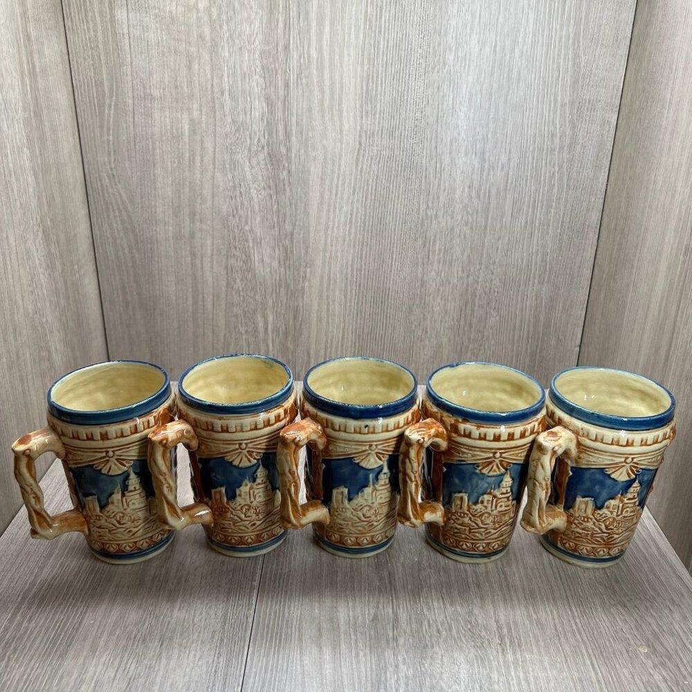 Vtg Ceramic Beer Stein Set w/Lidded Pitcher & 5 Mugs Made in Japan Blue Tan - Picture 8 of 16